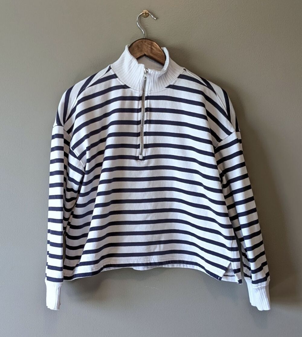 C&C California Womens Large L Striped Quarter Zip Cropped Sweatshirt Navy White